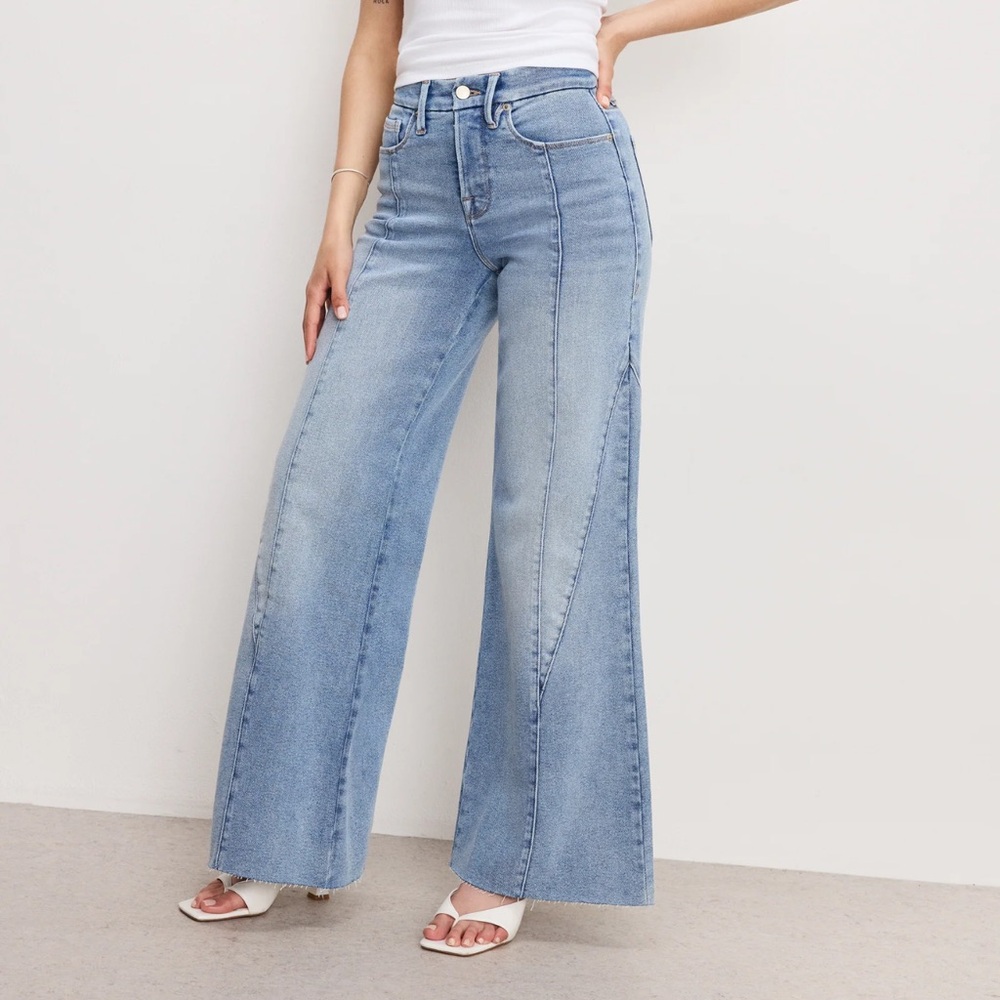 Good American Good Petite Palazzo Seamed Light Blue Wide Leg Plus Size Jeans